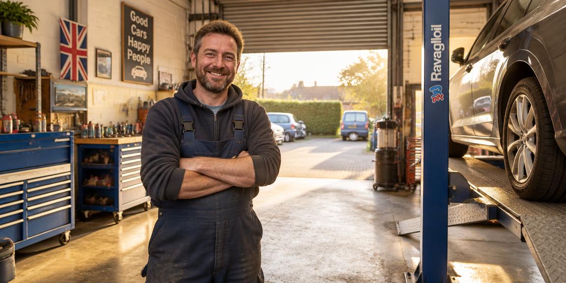 Garage owner standing proudly in his workshop